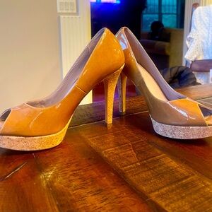 Cole Haan Nike Air Sz 8.5B, patent cognac, cork platform 4” heel